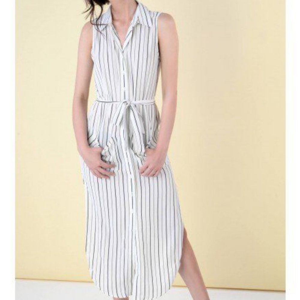 White & black striped midi sleeveless shirt dress